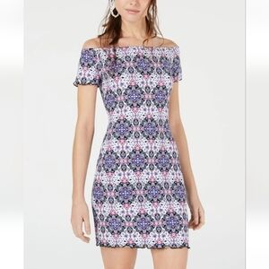 ULTRA FLIRT Off Shoulder Ruffle Hem Mini Dress Purple Pink Paisley Size M